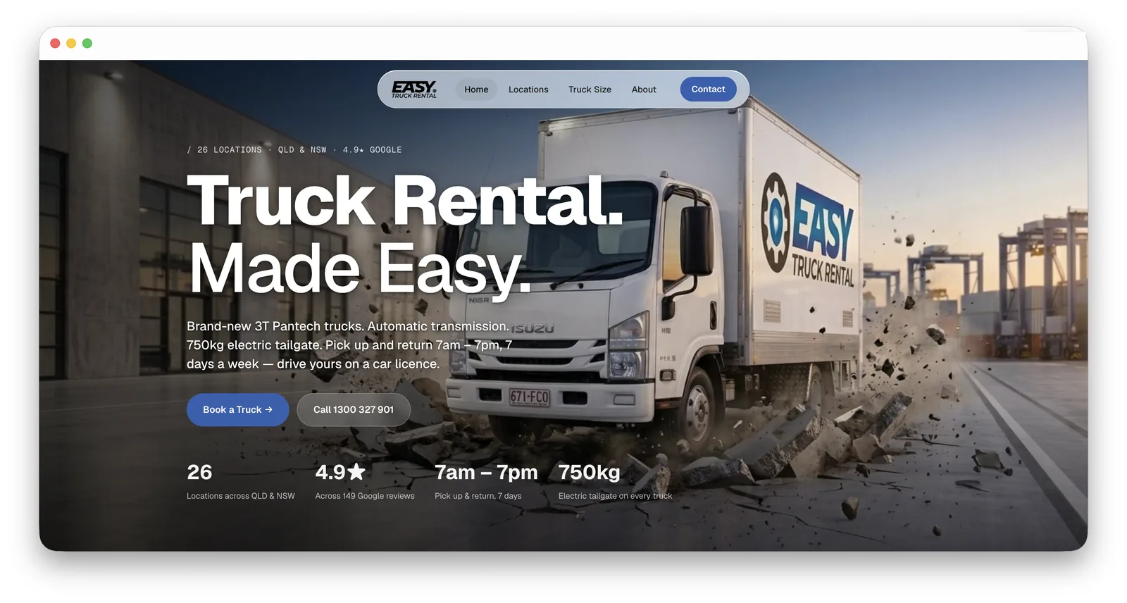 The refreshed Easy Truck Rental website — full-bleed hero image, huge editorial headline and clear call-to-action
