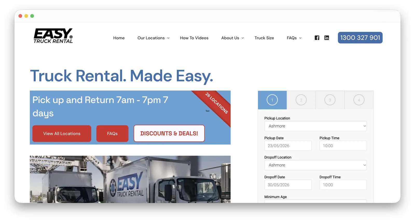 The original Easy Truck Rental website — cluttered banner, dated layout and small mismatched type
