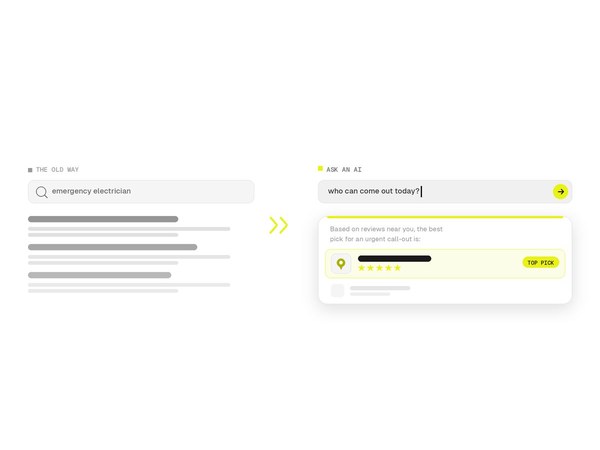 The old way of searching — a Google box and a faded list of links — giving way to an AI answer that names one local business as the top pick with five stars