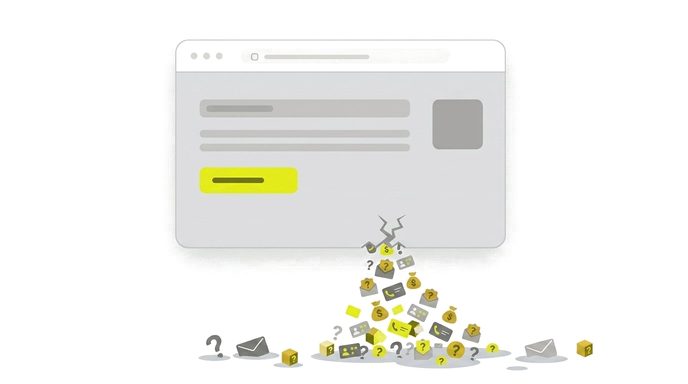 A modern website with a crack at its base, leaking out enquiries, phone calls and customers